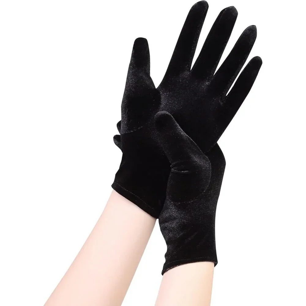 Women's Deep Black Velvet Short Satin Gloves Style Wrist Flapper Banquet